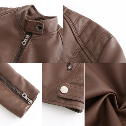 Elegant Faux Leather Moto Jacket for Women with Stand Collar Long Sleeve Quilted Shoulder Casual Style