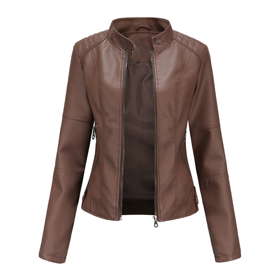 Elegant Faux Leather Moto Jacket for Women with Stand Collar Long Sleeve Quilted Shoulder Casual Style