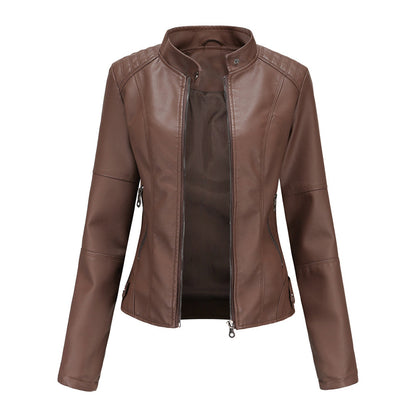 Elegant Faux Leather Moto Jacket for Women with Stand Collar Long Sleeve Quilted Shoulder Casual Style