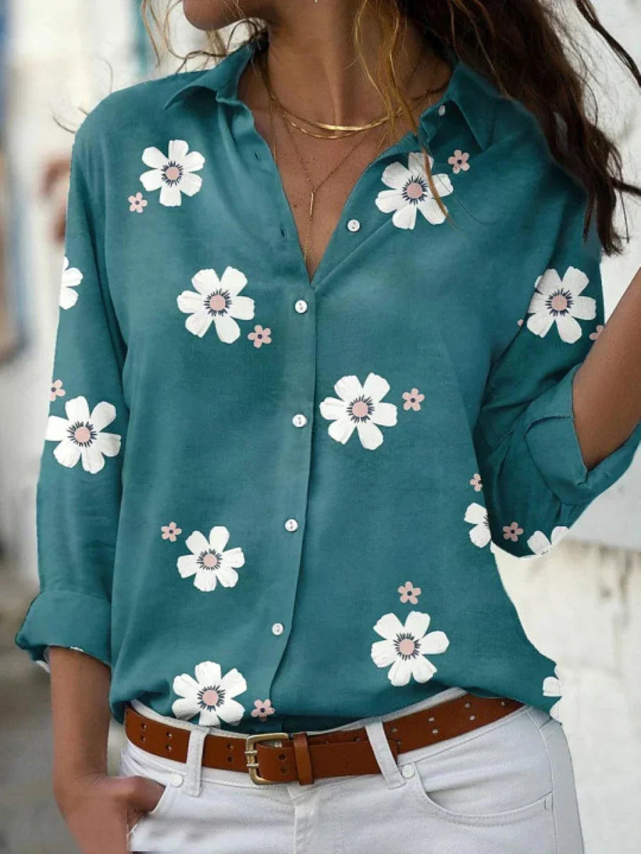 Effortless Floral Blouse for Women with Collar Long Sleeve Button Front Relaxed Style