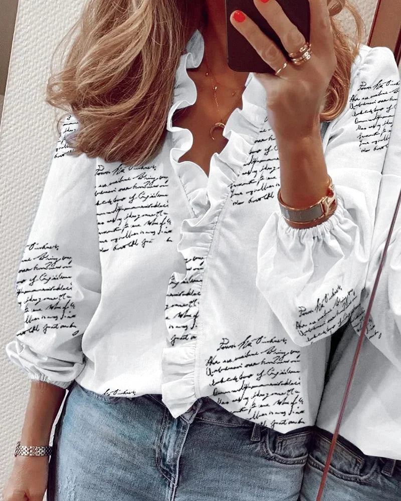 Effortless Ruffle Trim Blouse for Women with V Neck Long Sleeve Relaxed Casual Style