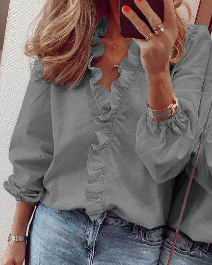 Effortless Ruffle Trim Blouse for Women with V Neck Long Sleeve Relaxed Casual Style