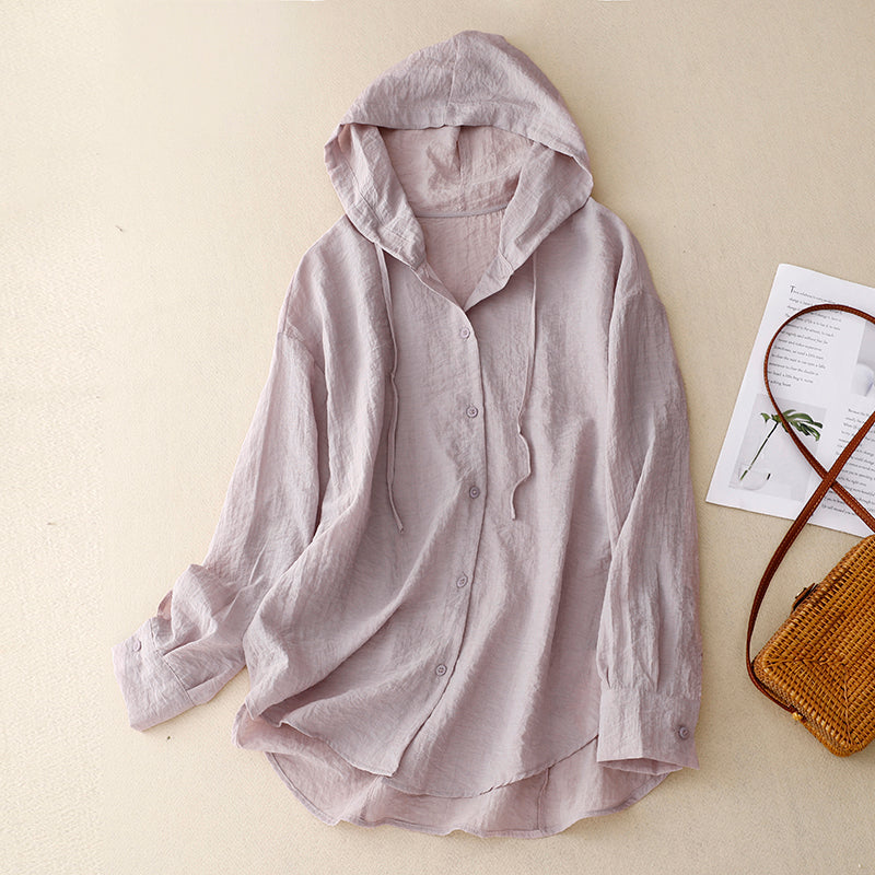 Effortless Linen Shirt for Women with Hooded Drawstring Long Sleeve Button Front Casual Style