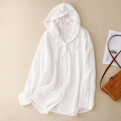 Effortless Linen Shirt for Women with Hooded Drawstring Long Sleeve Button Front Casual Style