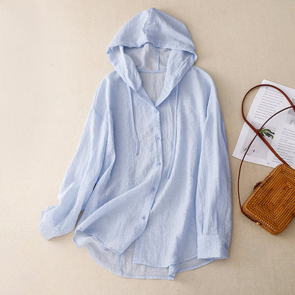 Effortless Linen Shirt for Women with Hooded Drawstring Long Sleeve Button Front Casual Style