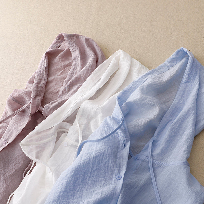 Effortless Linen Shirt for Women with Hooded Drawstring Long Sleeve Button Front Casual Style