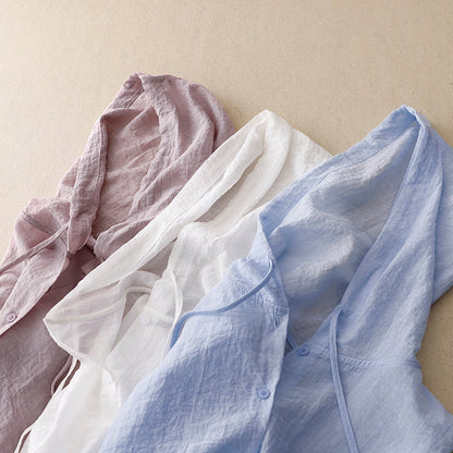 Effortless Linen Shirt for Women with Hooded Drawstring Long Sleeve Button Front Casual Style