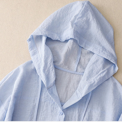 Effortless Linen Shirt for Women with Hooded Drawstring Long Sleeve Button Front Casual Style
