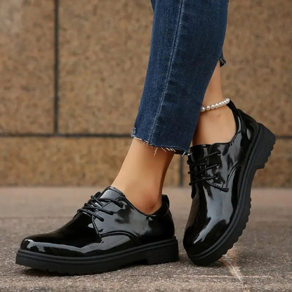 Comfortable Black Lace Up Shoes for Women with Patent Finish Round Toe Low Block Heel Style