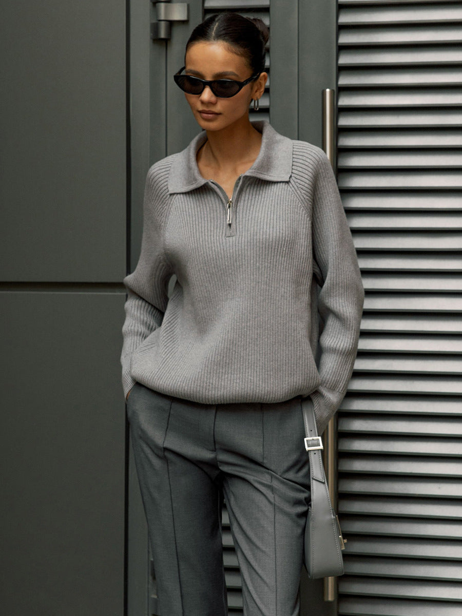 Comfortable Ribbed Knit Quarter Zip Sweater for Women with Collar Long Sleeve Oversized Relaxed Style