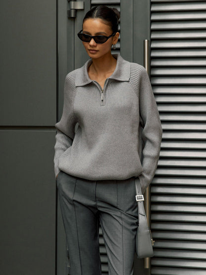 Comfortable Ribbed Knit Quarter Zip Sweater for Women with Collar Long Sleeve Oversized Relaxed Style