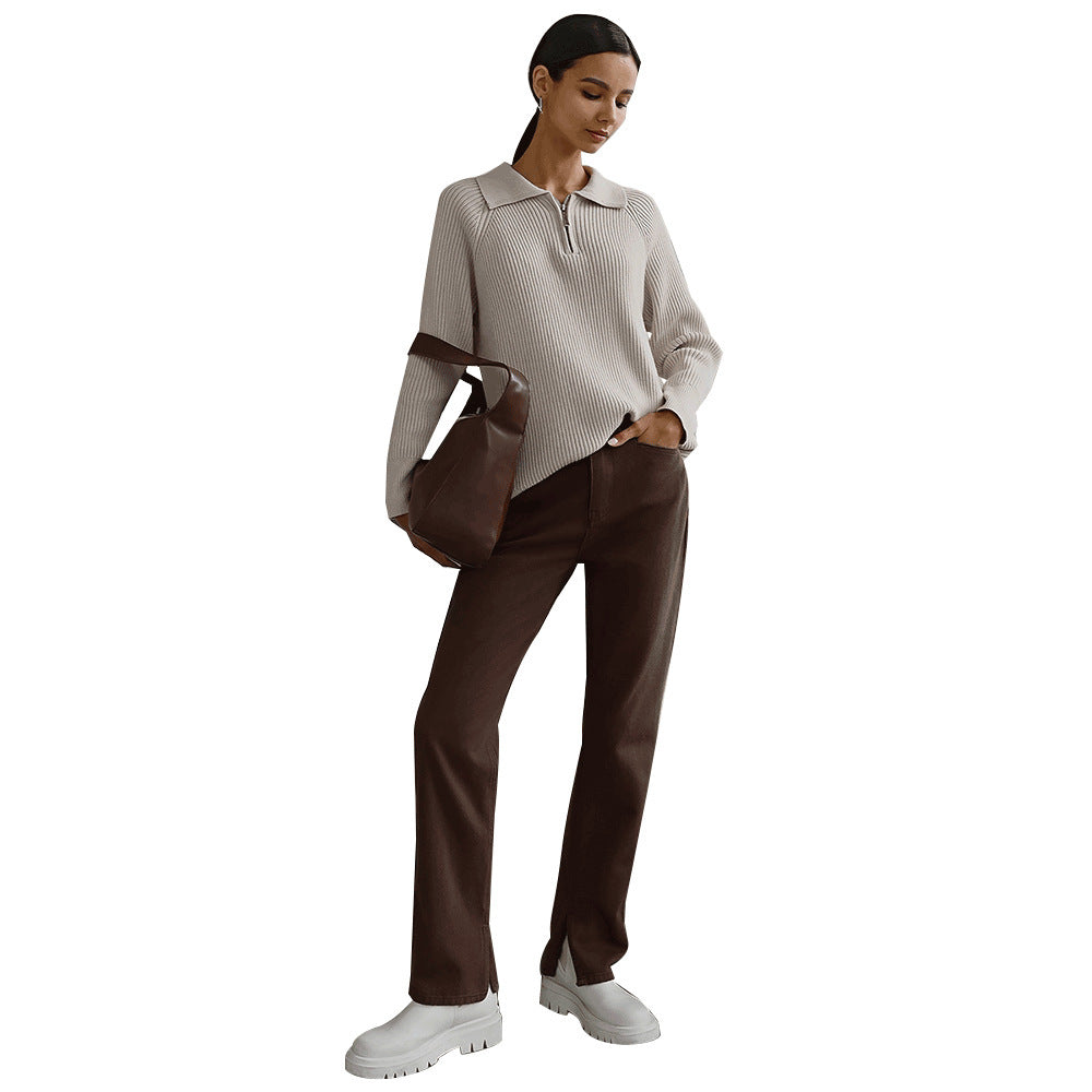 Comfortable Ribbed Knit Quarter Zip Sweater for Women with Collar Long Sleeve Oversized Relaxed Style