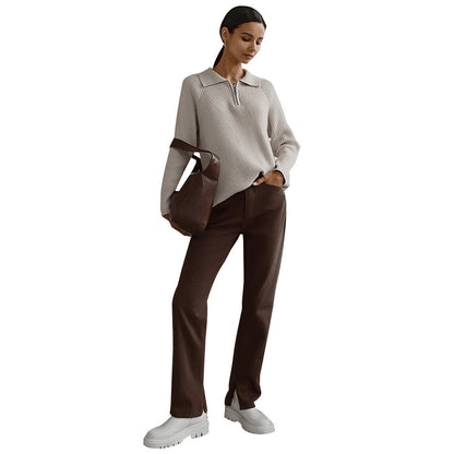 Comfortable Ribbed Knit Quarter Zip Sweater for Women with Collar Long Sleeve Oversized Relaxed Style