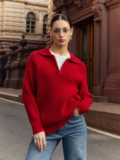 Comfortable Ribbed Knit Quarter Zip Sweater for Women with Collar Long Sleeve Oversized Relaxed Style