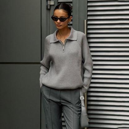 Comfortable Ribbed Knit Quarter Zip Sweater for Women with Collar Long Sleeve Oversized Relaxed Style
