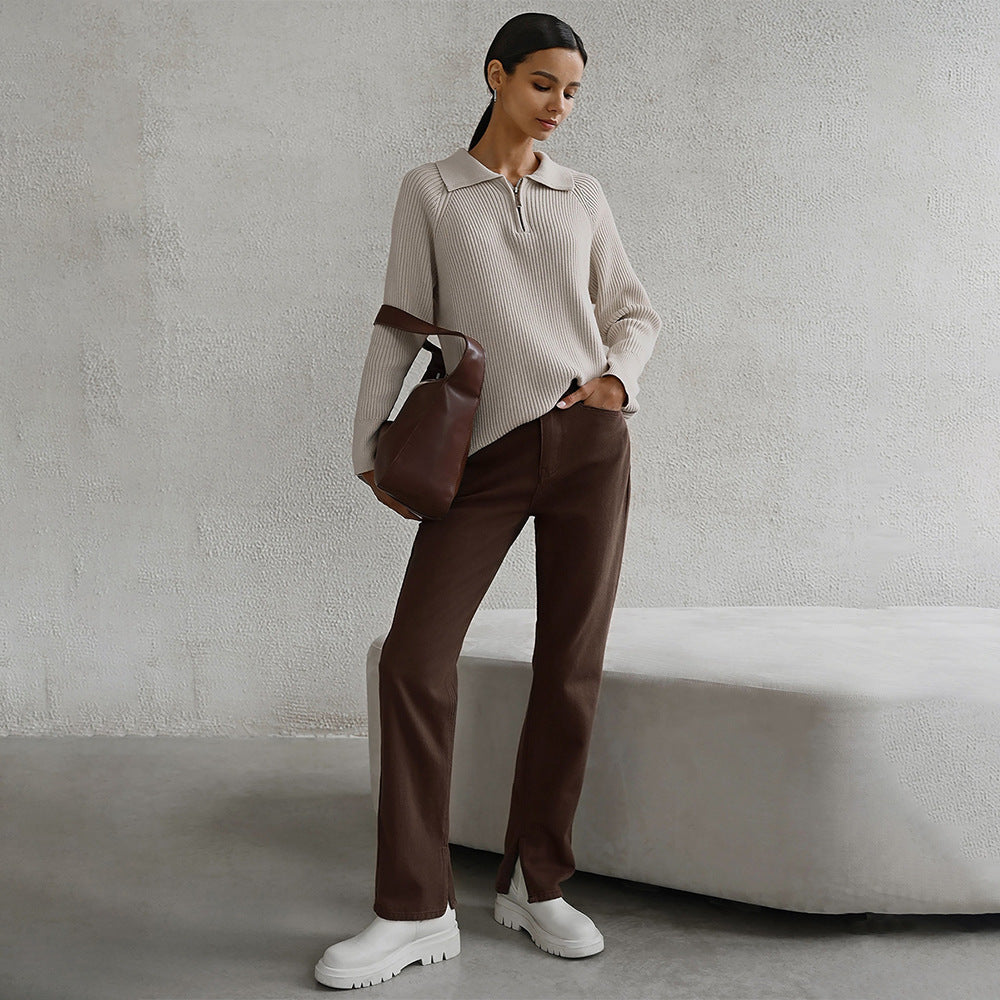 Comfortable Ribbed Knit Quarter Zip Sweater for Women with Collar Long Sleeve Oversized Relaxed Style