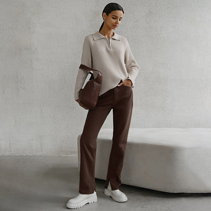 Comfortable Ribbed Knit Quarter Zip Sweater for Women with Collar Long Sleeve Oversized Relaxed Style