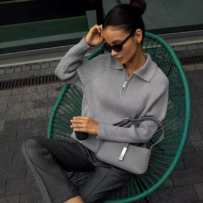 Comfortable Ribbed Knit Quarter Zip Sweater for Women with Collar Long Sleeve Oversized Relaxed Style