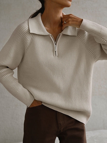Comfortable Ribbed Knit Quarter Zip Sweater for Women with Collar Long Sleeve Oversized Relaxed Style