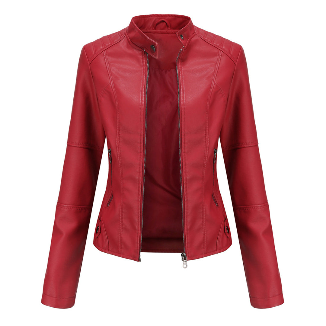 Elegant Faux Leather Moto Jacket for Women with Stand Collar Long Sleeve Quilted Shoulder Casual Style