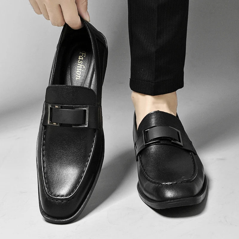 Stylish Leather Loafers for Women with Square Toe Metal Buckle Slip On Casual Style