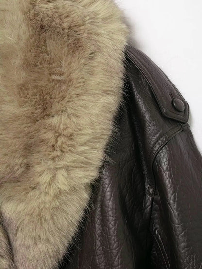 Elegant Faux Leather Bomber Jacket for Women with Fur Collar Long Sleeve Oversized Relaxed Style