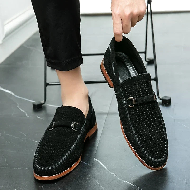Elegant Suede Loafer for Women with Perforated Horsebit Buckle Hand Stitched Casual Style