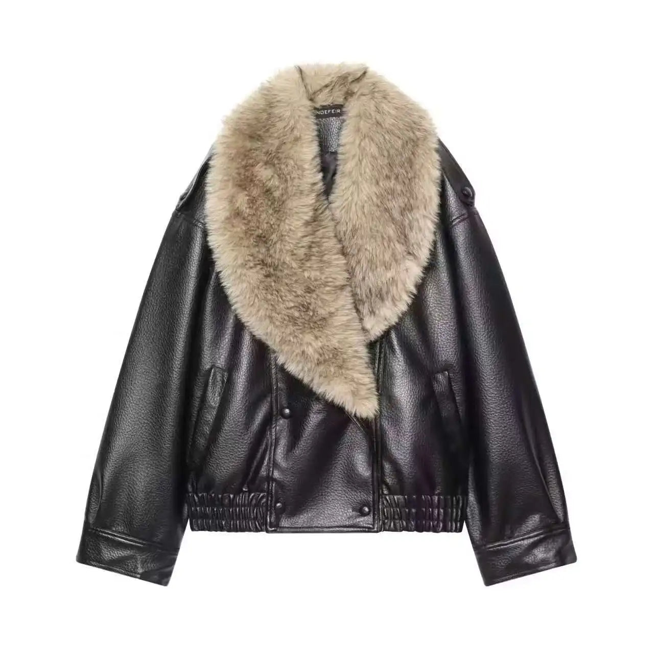 Elegant Faux Leather Bomber Jacket for Women with Fur Collar Long Sleeve Oversized Relaxed Style