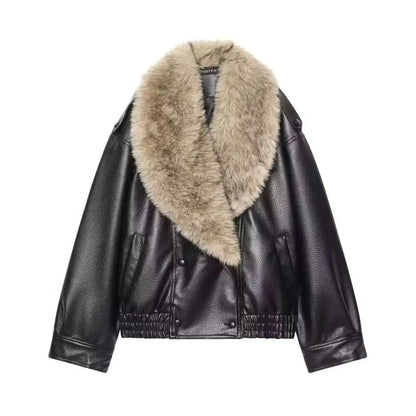 Elegant Faux Leather Bomber Jacket for Women with Fur Collar Long Sleeve Oversized Relaxed Style