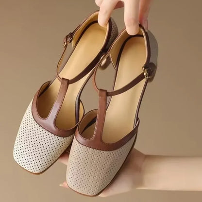Elegant Perforated Leather T-Strap Sandal for Women with Square Toe Block Heel Buckle Ankle Vintage Style