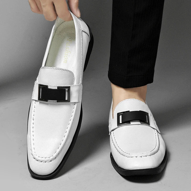Stylish Leather Loafers for Women with Square Toe Metal Buckle Slip On Casual Style