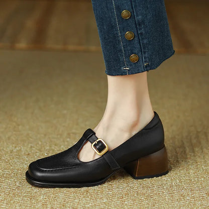 Elegant Leather T-Strap Mary Jane Loafer for Women with Square Toe Block Heel Buckle Strap Vintage Style
