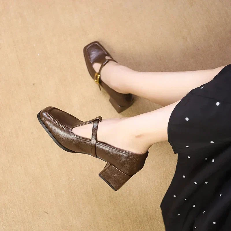 Elegant Leather Mary Jane Pump for Women with Square Toe T Strap Buckle Block Heel Vintage Style