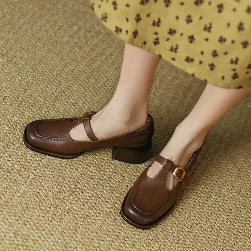 Elegant Leather T-Strap Mary Jane Loafer for Women with Square Toe Block Heel Buckle Strap Vintage Style
