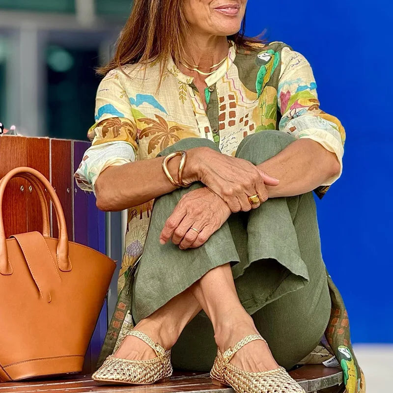 Effortless Tropical Print Two Piece Set for Women with Longline Duster Jacket Wide Leg Pant Bohemian Style