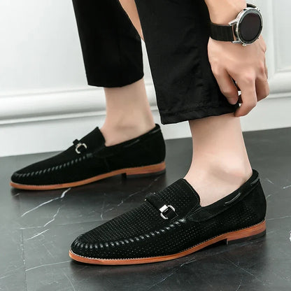 Elegant Suede Loafer for Women with Perforated Horsebit Buckle Hand Stitched Casual Style