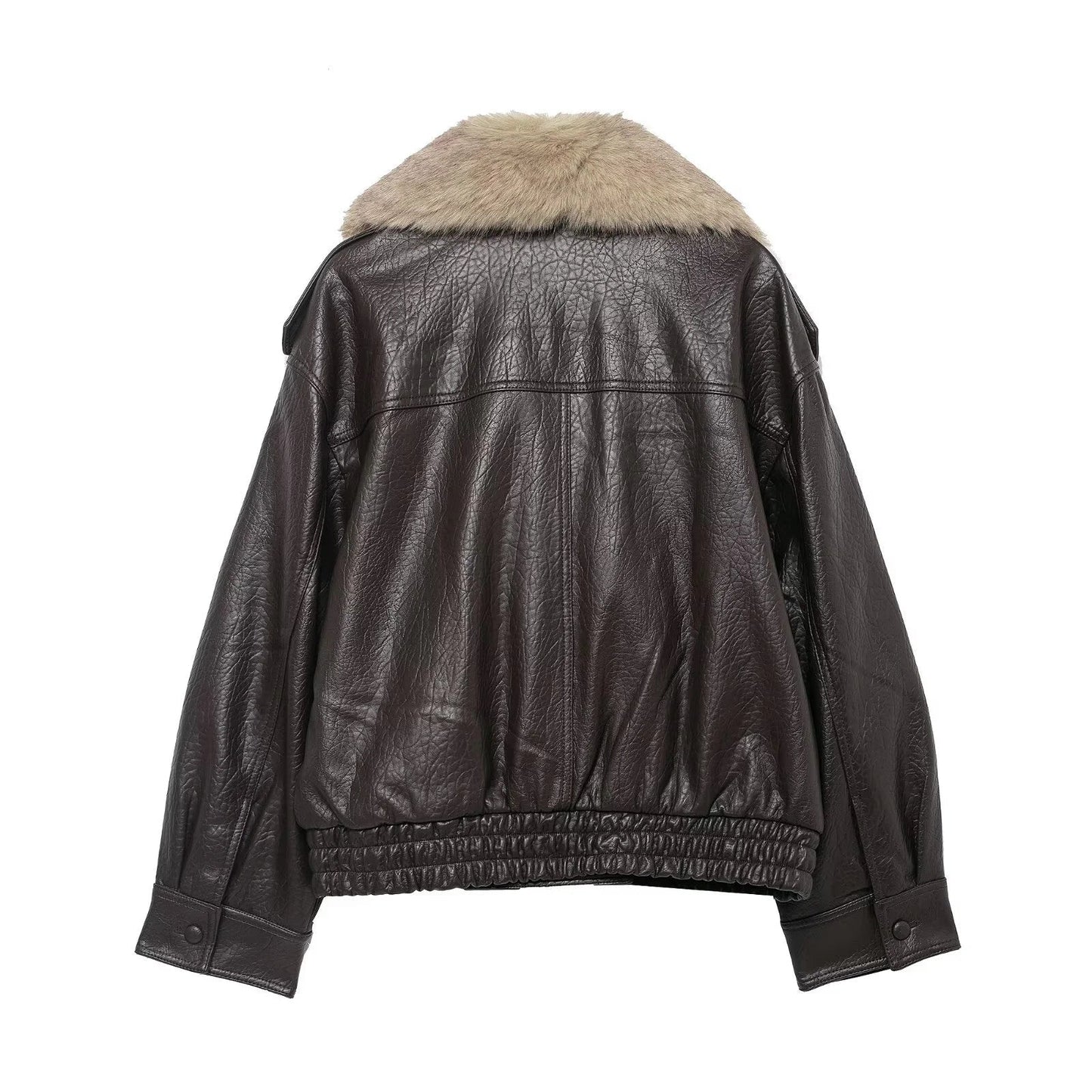 Elegant Faux Leather Bomber Jacket for Women with Fur Collar Long Sleeve Oversized Relaxed Style