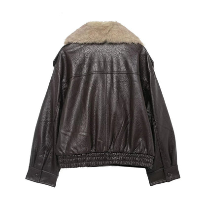 Elegant Faux Leather Bomber Jacket for Women with Fur Collar Long Sleeve Oversized Relaxed Style