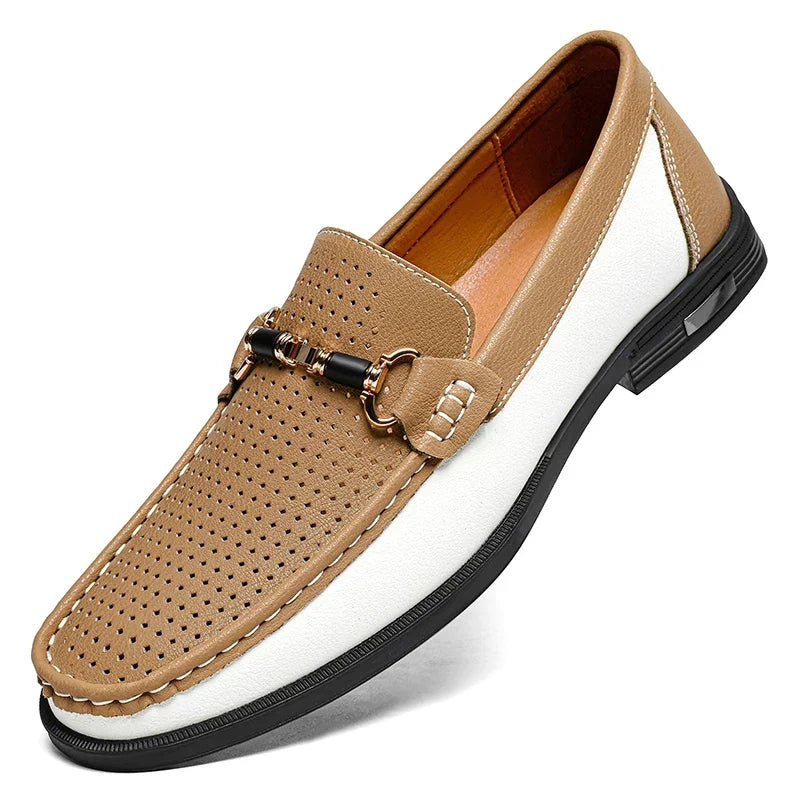 Stylish Perforated Leather Loafer for Women with Horsebit Buckle Slip On Colorblock Casual Style