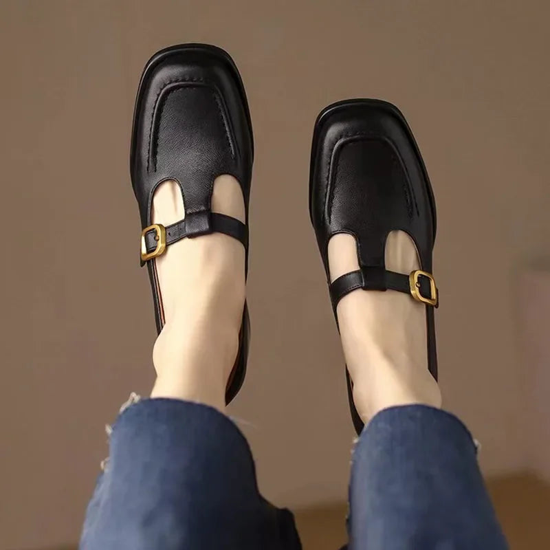 Elegant Leather T-Strap Mary Jane Loafer for Women with Square Toe Block Heel Buckle Strap Vintage Style