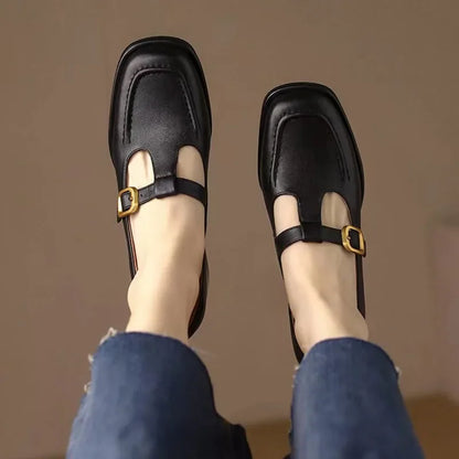 Elegant Leather T-Strap Mary Jane Loafer for Women with Square Toe Block Heel Buckle Strap Vintage Style