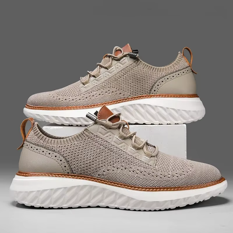 Comfortable Knit Fashion Sneaker for Women with Lace Up Leather Trim Chunky Sole Casual Style