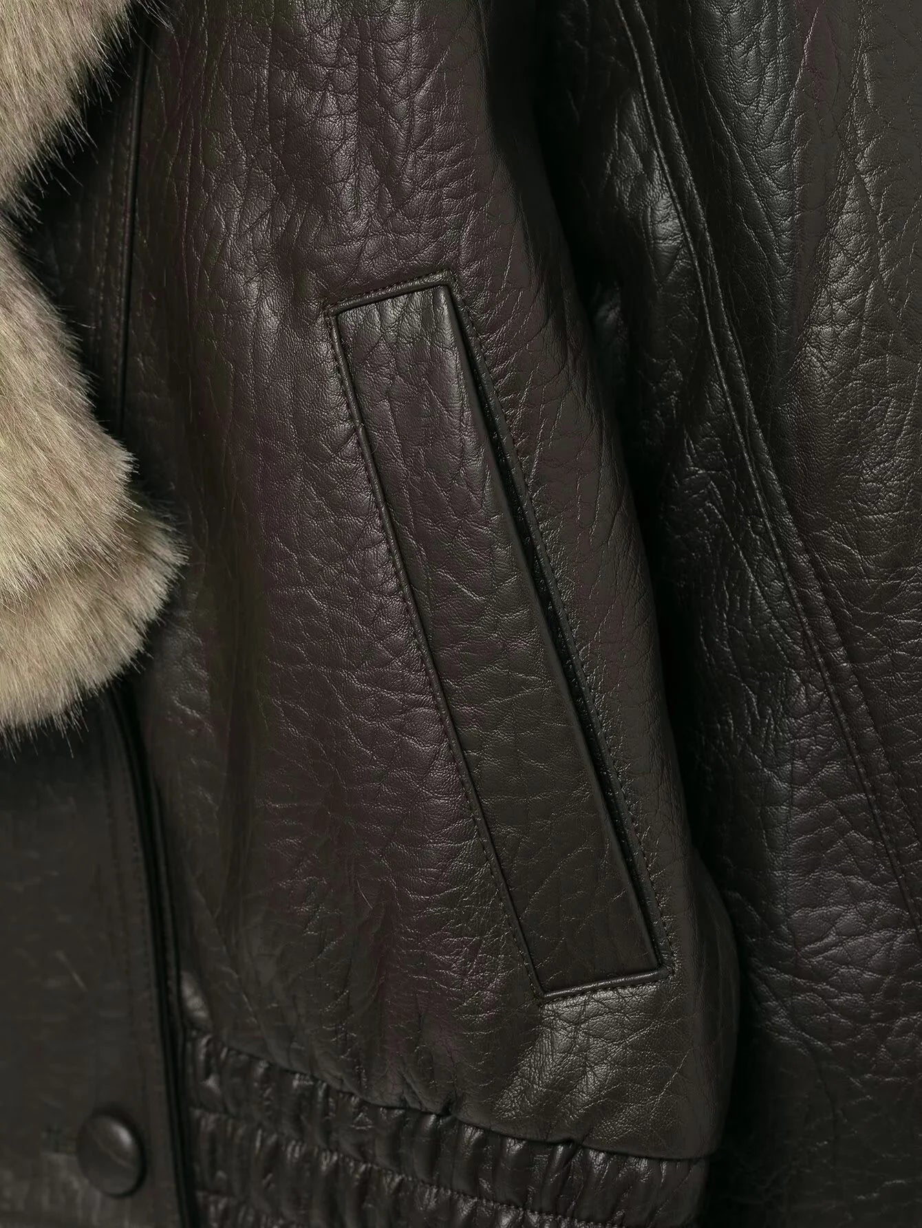 Elegant Faux Leather Bomber Jacket for Women with Fur Collar Long Sleeve Oversized Relaxed Style