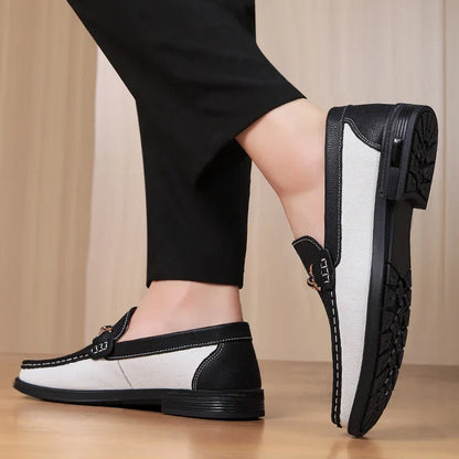 Stylish Perforated Leather Loafer for Women with Horsebit Buckle Slip On Colorblock Casual Style