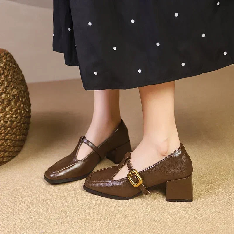 Elegant Leather Mary Jane Pump for Women with Square Toe T Strap Buckle Block Heel Vintage Style