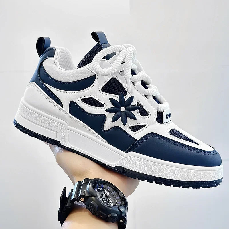 Stylish Mesh Fashion Sneakers for Women with Floral Applique Lace Up Chunky Platform Casual Style