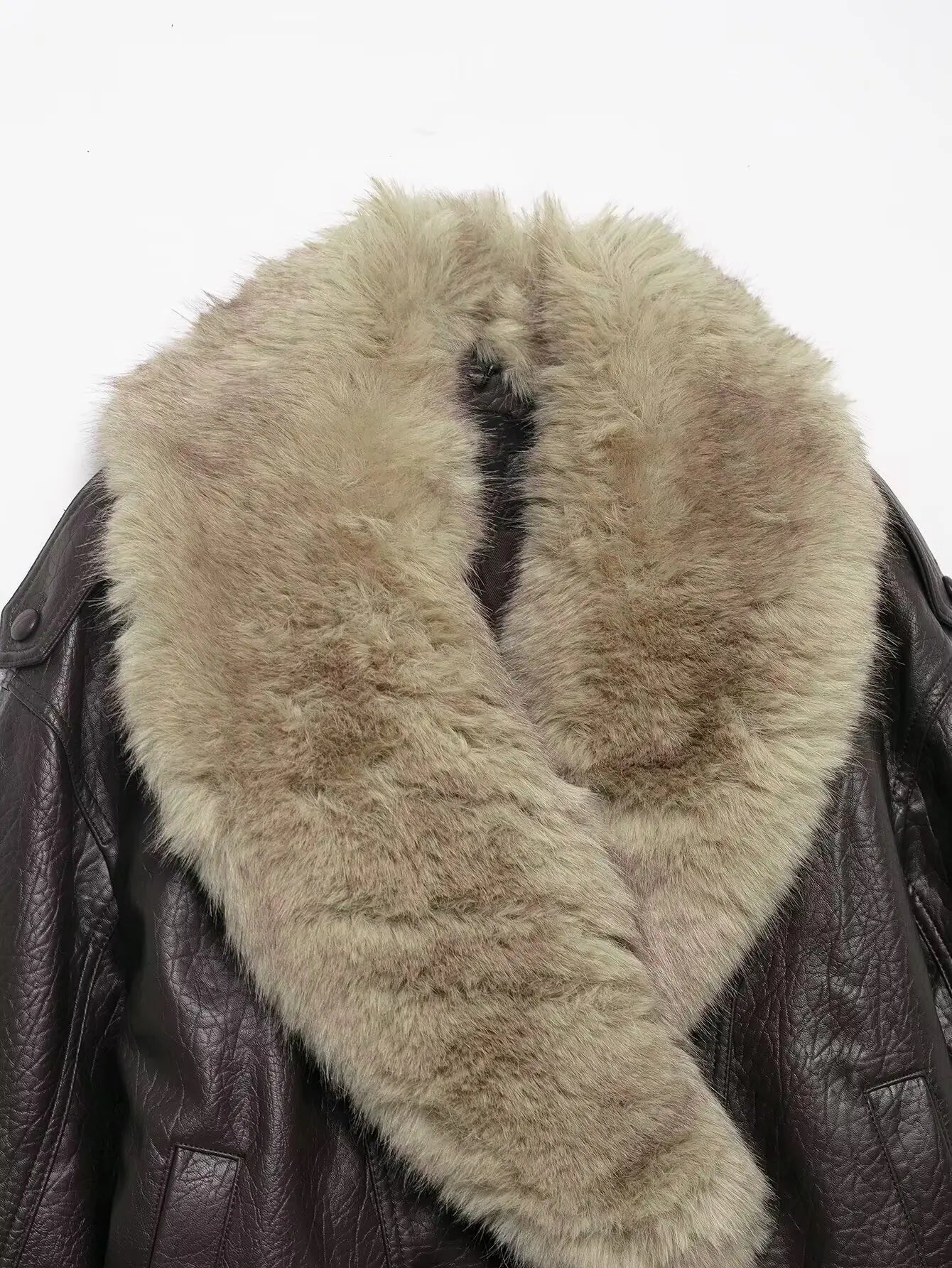 Elegant Faux Leather Bomber Jacket for Women with Fur Collar Long Sleeve Oversized Relaxed Style