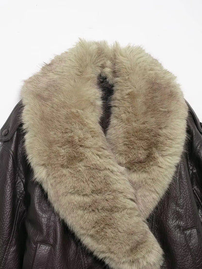 Elegant Faux Leather Bomber Jacket for Women with Fur Collar Long Sleeve Oversized Relaxed Style