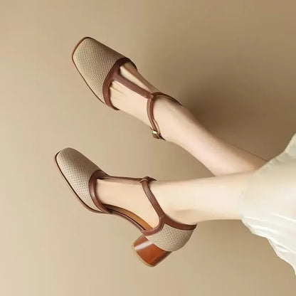 Elegant Perforated Leather T-Strap Sandal for Women with Square Toe Block Heel Buckle Ankle Vintage Style