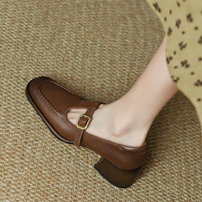 Elegant Leather T-Strap Mary Jane Loafer for Women with Square Toe Block Heel Buckle Strap Vintage Style